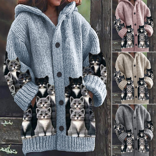 Színes, hangulatos pulóver kapucnis macskákkal