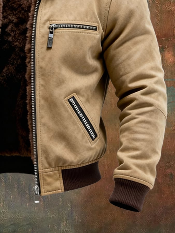 Férfi retró bőrkabát plüss béléssel, meleg, multifunkcionális, sok zsebbel, kültéri tevékenységekhez