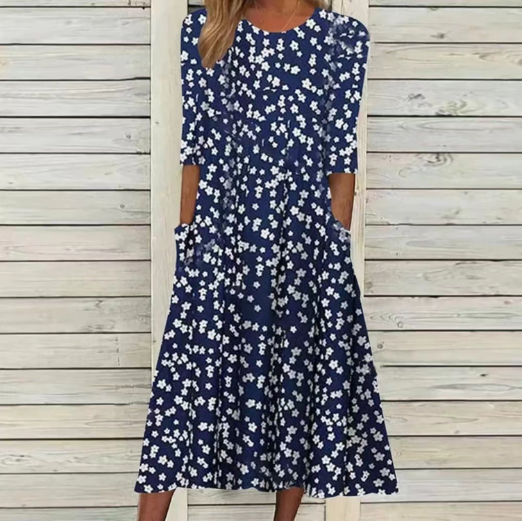 Sárga és kék virágos rövid ujjú és fehér pliszírozott midi ruha