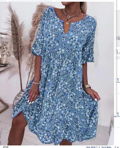 2023-as nyári divat nyomott virágos V nyakú ruha