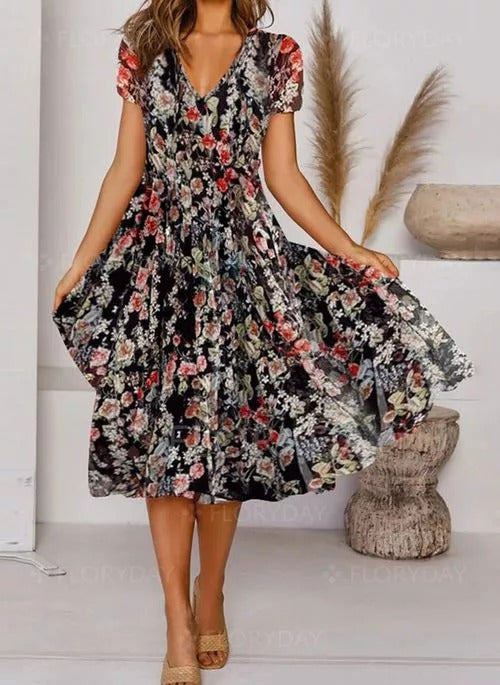 Virágos rövid ujjú Midi ruhák