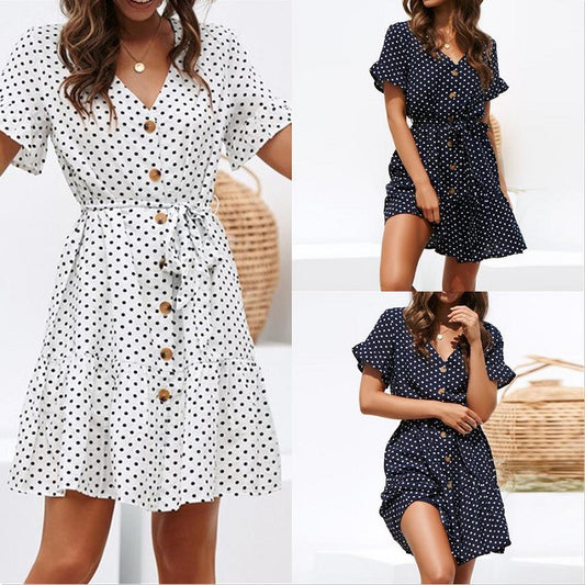 Egygombos sifonruha pöttyös mintás V-nyakkal