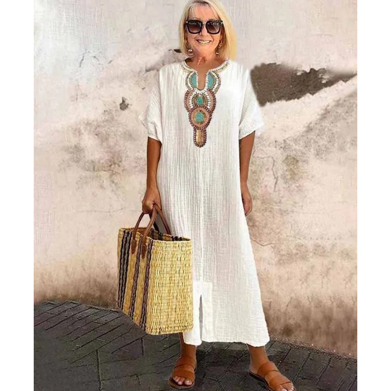 [S-4XL]🌿 Széles szabású, hímzett pamut és lenvászon ruha