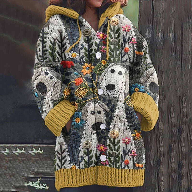 Kötött kapucnis kardigán aranyos kiskutya motívummal