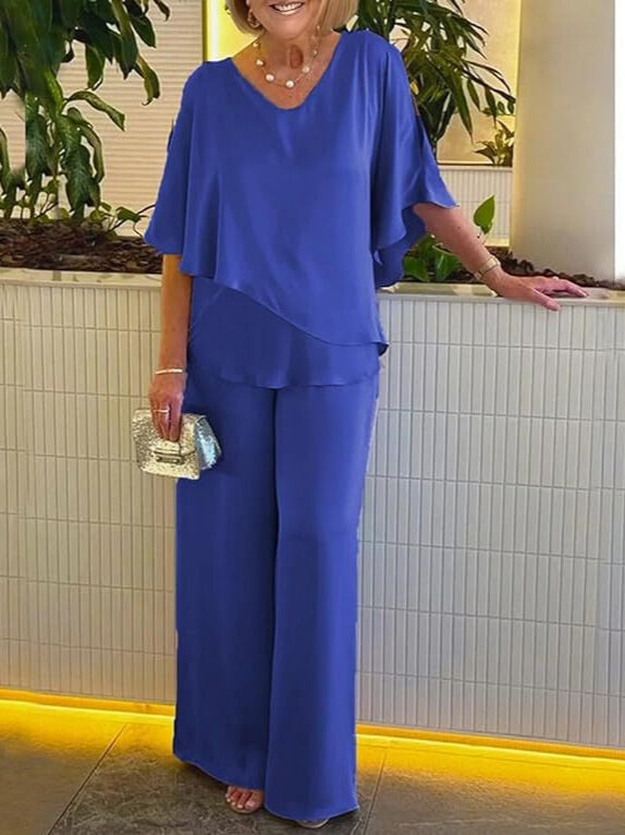 [S-3XL]2024 Új stílusú nyári szatén egyszínű V-nyakú ing nadrág nagy méretű alkalmi öltöny