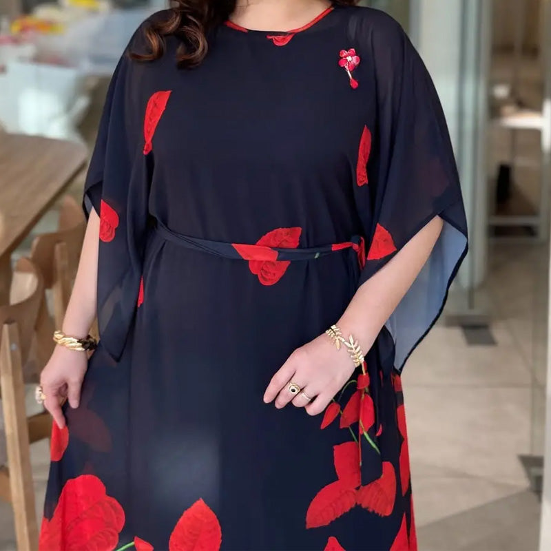 👗 Lengzős, kerek nyakú, öves ruha 🌸 | Virágminta | Állítható sziluett