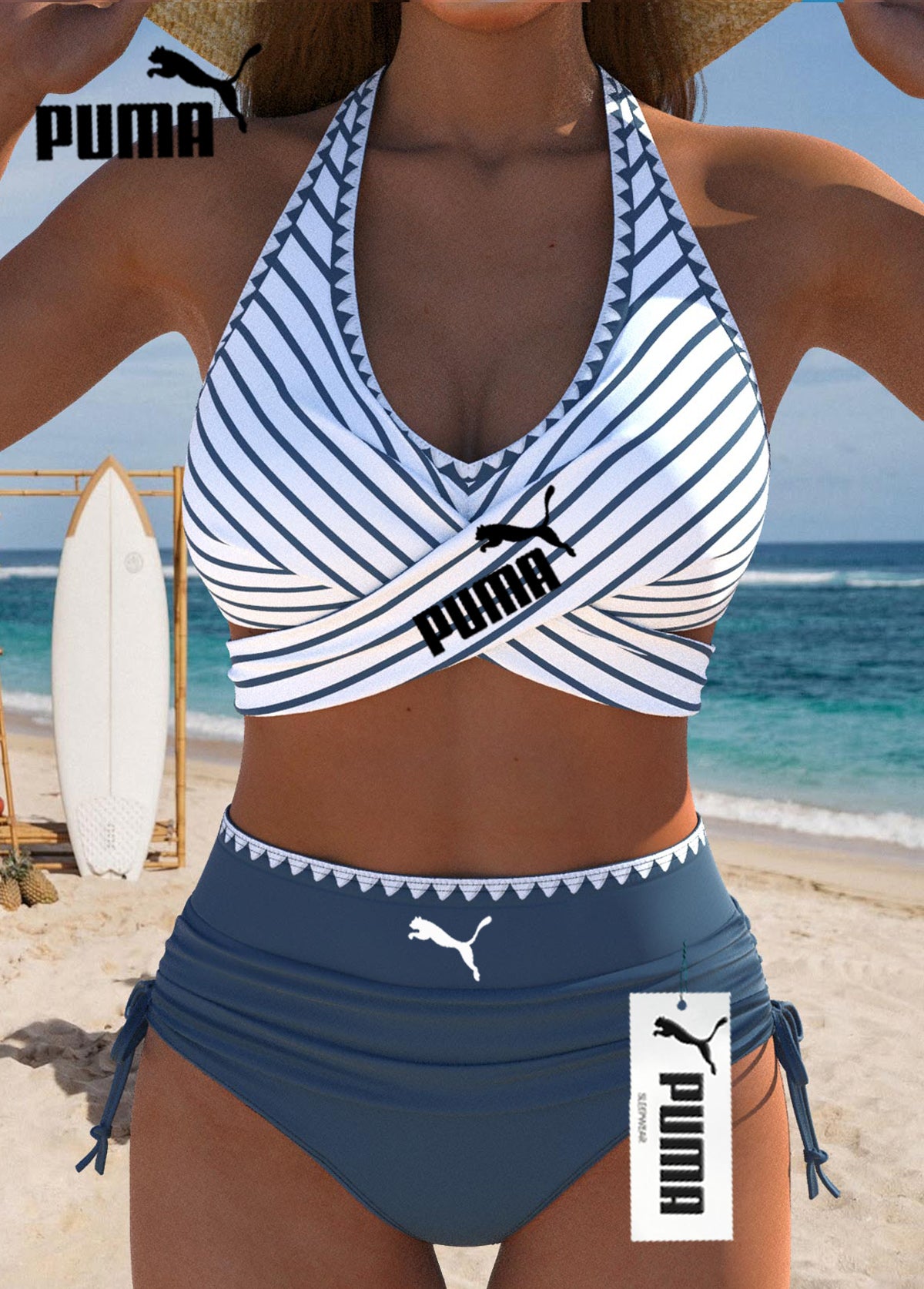 Kék leopárd mintás, magas derekú bikiniszett