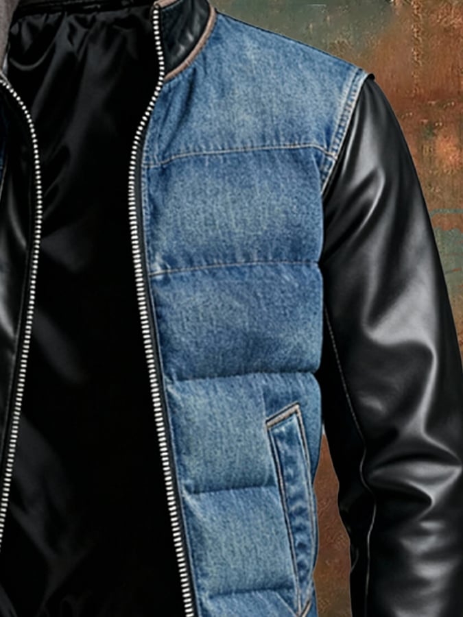 Retro férfi outdoor dzseki Tencel farmerből, steppeléssel, foltvarrott bőr részletekkel és cipzárral.