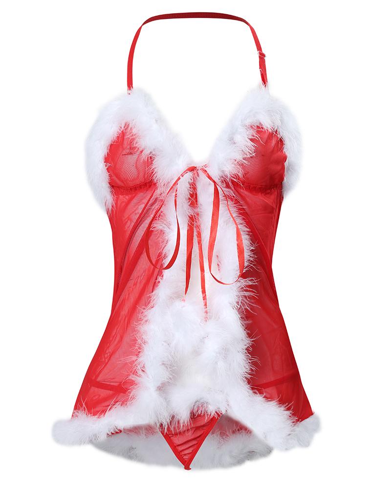 Karácsonyi kötőfék fehérnemű tollakkal és masni Pom Pom dekorációval Babydoll bugyival