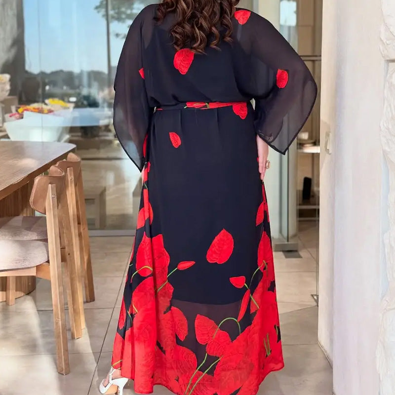 👗 Lengzős, kerek nyakú, öves ruha 🌸 | Virágminta | Állítható sziluett