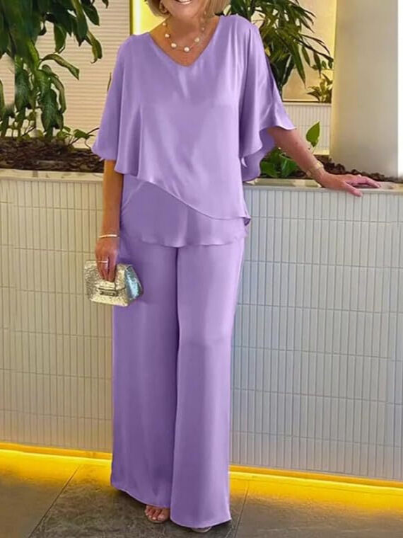 [S-3XL]2024 Új stílusú nyári szatén egyszínű V-nyakú ing nadrág nagy méretű alkalmi öltöny