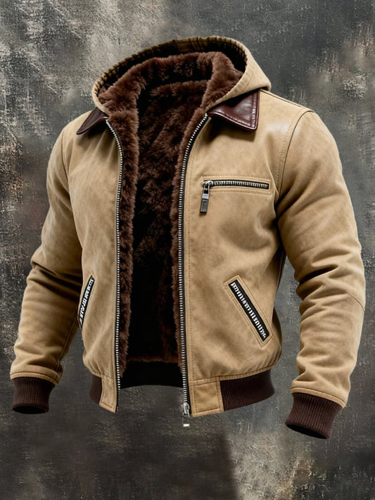 Férfi retró bőrkabát plüss béléssel, meleg, multifunkcionális, sok zsebbel, kültéri tevékenységekhez