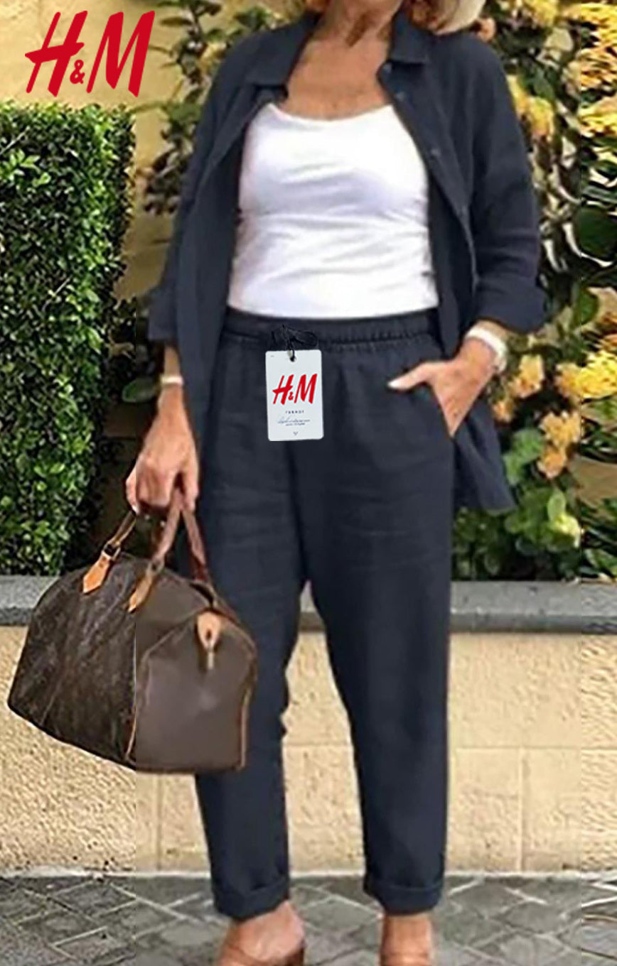 2025-ös női pamutvászon hosszú ujjú blúz és nadrág