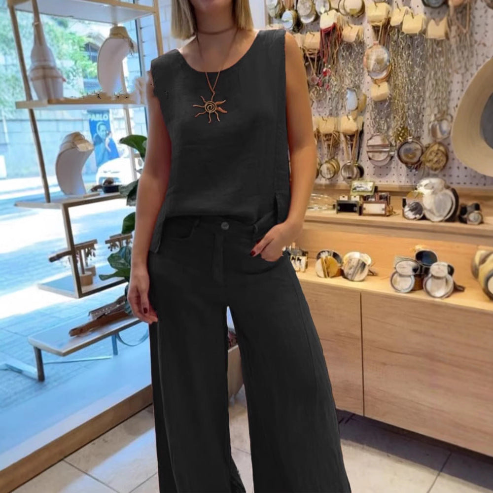 EGYSZÍNŰ PAMUT ÉS LEN UJJATLAN NADRÁGSZETT