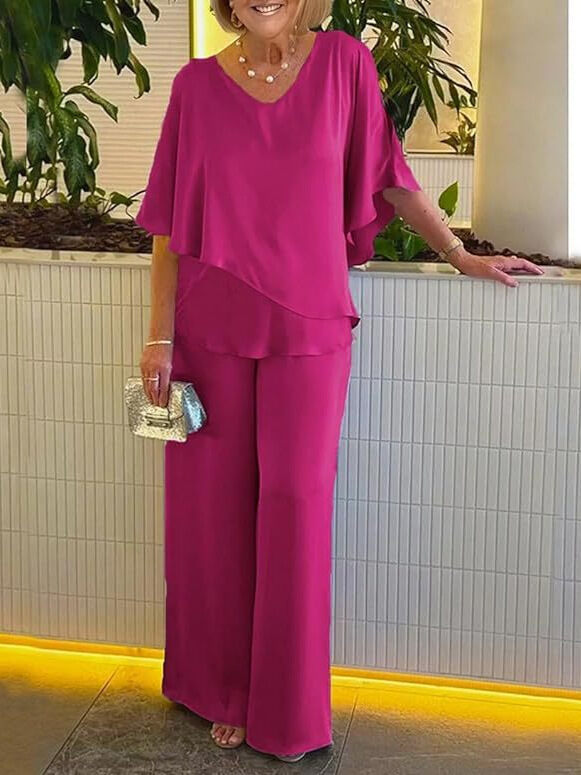 [S-3XL]2024 Új stílusú nyári szatén egyszínű V-nyakú ing nadrág nagy méretű alkalmi öltöny