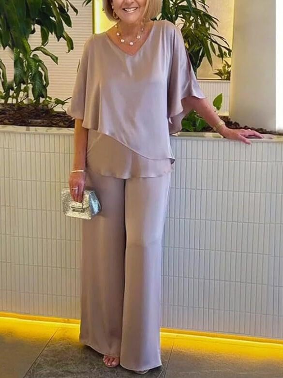 [S-3XL]2024 Új stílusú nyári szatén egyszínű V-nyakú ing nadrág nagy méretű alkalmi öltöny