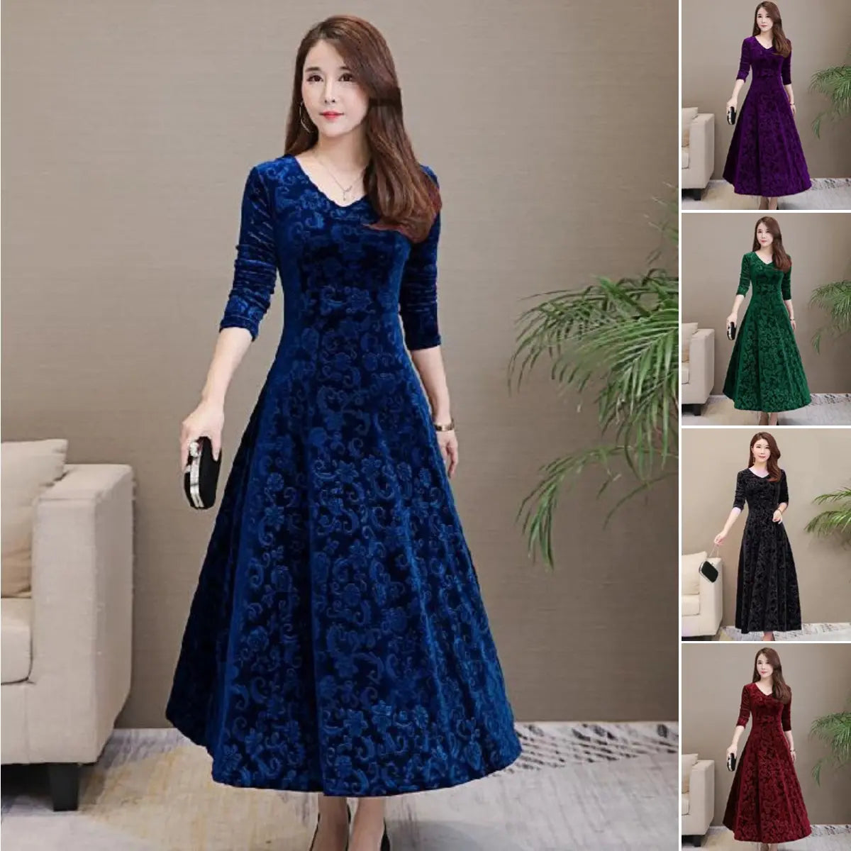 ✨️【M-4XL】Őszi téli új stílusú divat plusz méretű elegáns arany bársony meleg hosszú ujjú ruha