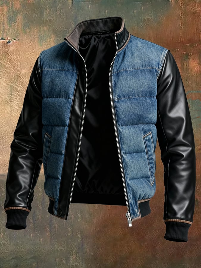 Retro férfi outdoor dzseki Tencel farmerből, steppeléssel, foltvarrott bőr részletekkel és cipzárral.