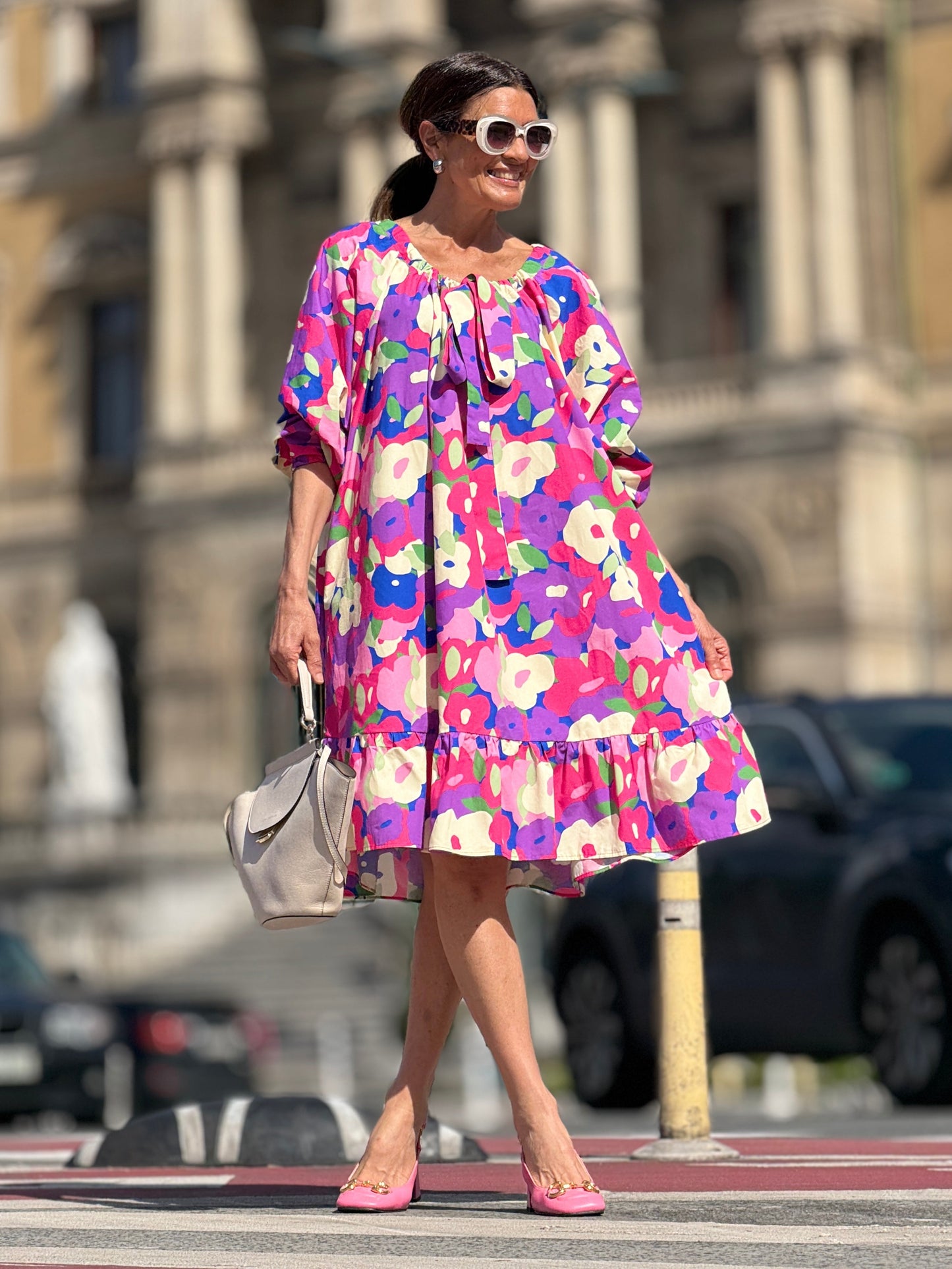 Virágmintás, egyvállas, kétirányú ingszoknya