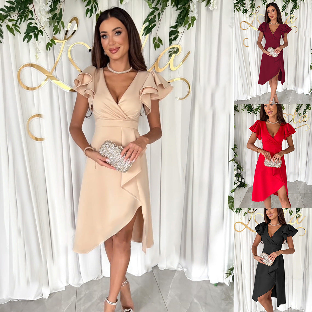 Szexi és testhezálló ruha rövid ujjal és V-nyakú