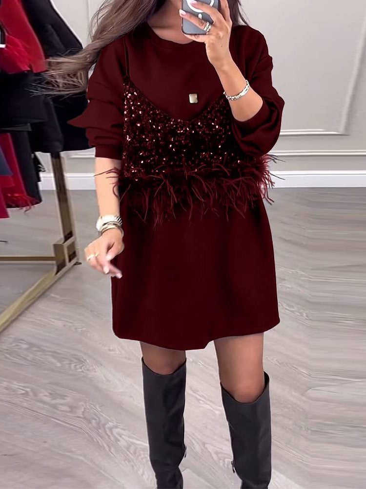 Elegáns patchwork ruha kerek nyakkivágással 2024