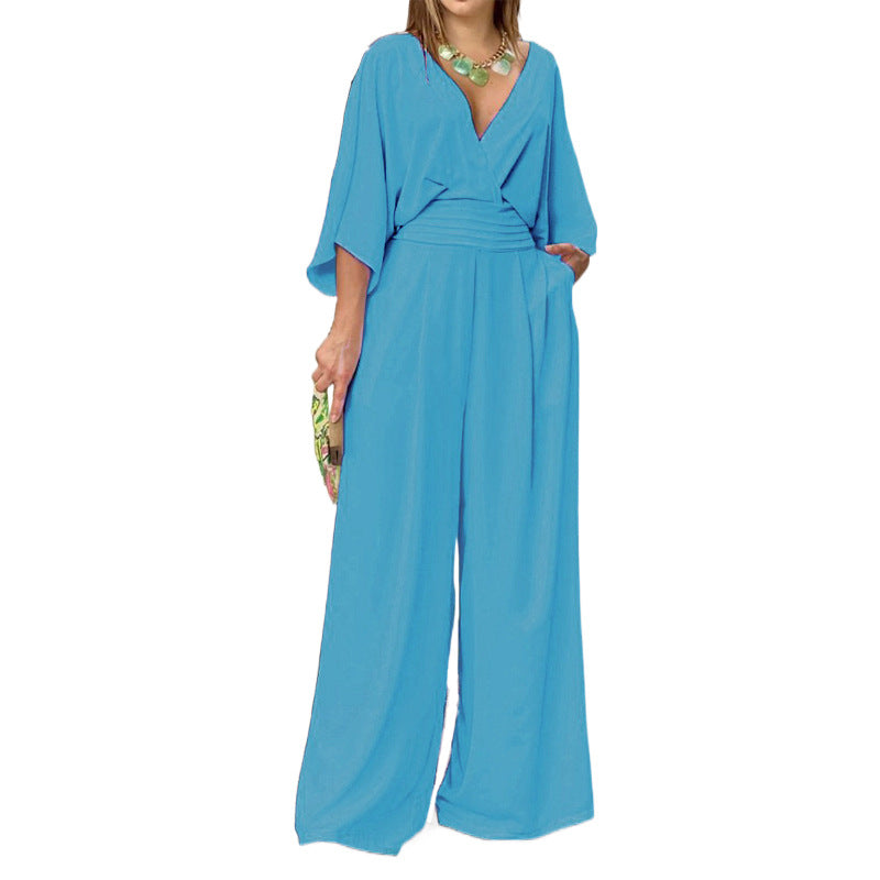 Elegáns női V-nyakú, széles lábú jumpsuit