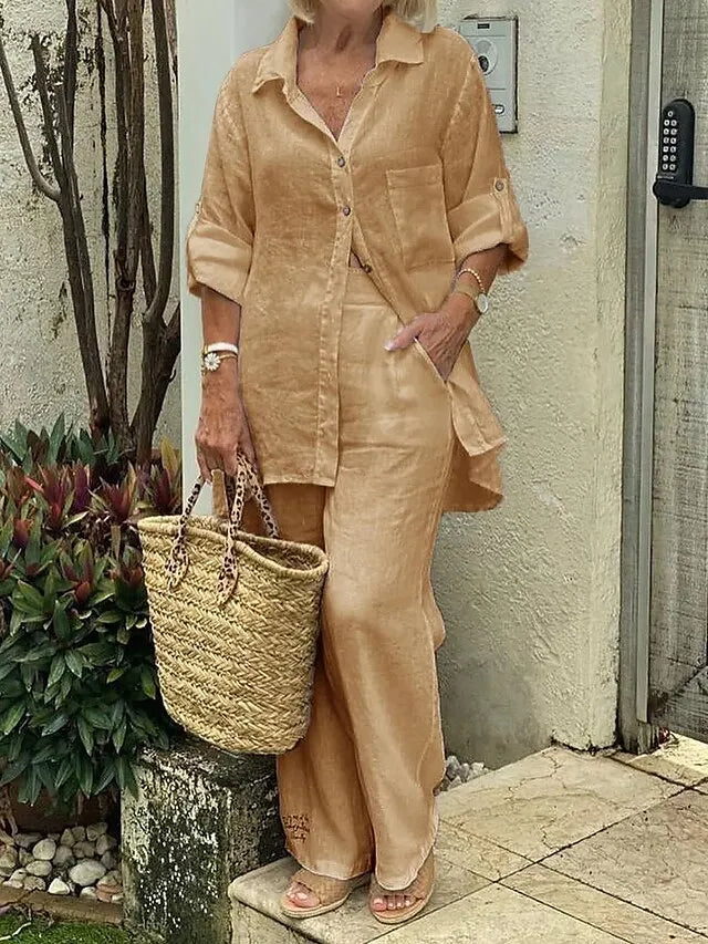 Egyszínű hajtókás ing, pamut és len felső és S-5XL nadrág