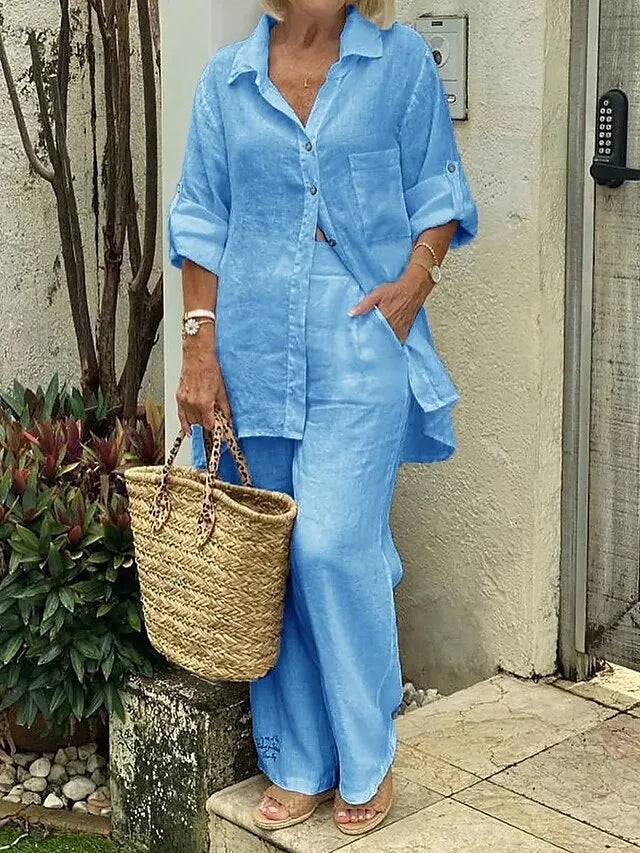 Egyszínű hajtókás ing, pamut és len felső és S-5XL nadrág