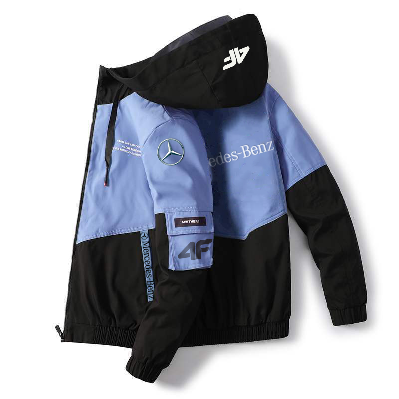 The jacket, produced in collaboration with 4f and Mercedes-Benz, is lightweight, windproof and waterproof.