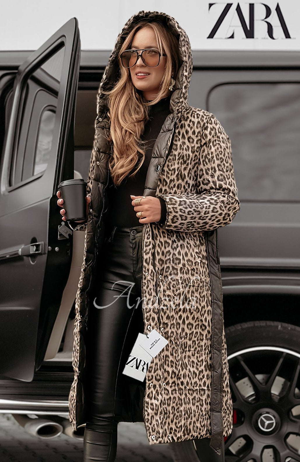 Divatos és meleg, kétoldalas hosszú kabát leopárdmintával