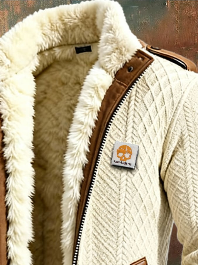 Férfi retró kötött kabát jacquard patchwork mintával, plüss béléssel, meleg, középhosszú