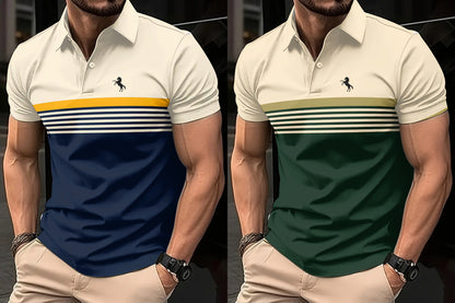 2 csomagos férfi hétköznapi rövid ujjú pólóingek, 3D lómintás, színes csíkok, sportos stílus, könnyű poliészter szövet, gombolható golfpóló