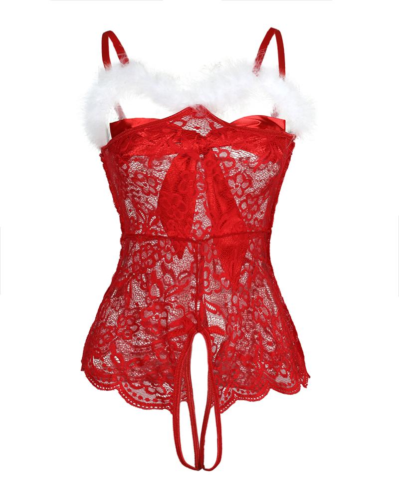 Karácsonyi kötőfék fehérnemű tollakkal és masni Pom Pom dekorációval Babydoll bugyival