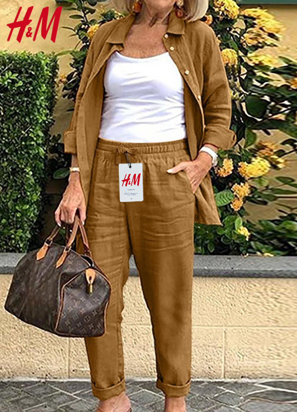 2025-ös női pamutvászon hosszú ujjú blúz és nadrág