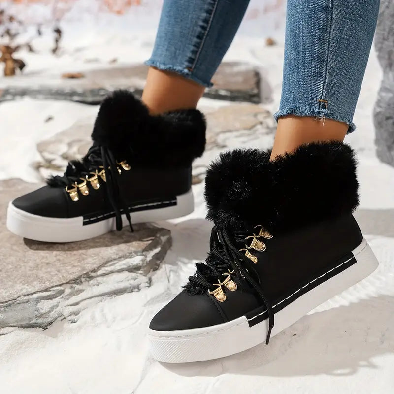 Trwałe, grube futrzowe, losowane, izolowane czerwono-syntetyczne, sznurkowe koronkowe buty śniegu zimowe
