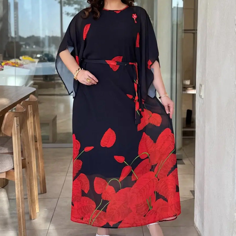 👗 Lengzős, kerek nyakú, öves ruha 🌸 | Virágminta | Állítható sziluett