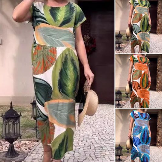 Levélmintás, kerek nyakú, oldalsó hasított ruha