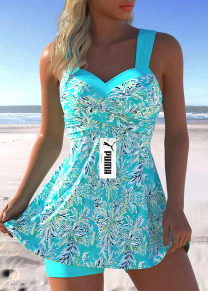 Levélmintás fürdőruha és rövidnadrág ciánkék színben