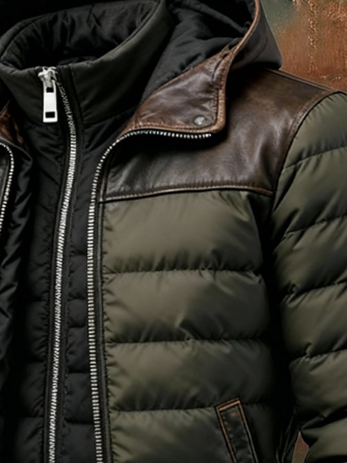 Férfi retró steppelt kabát patchwork stílusban, kétrészes, meleg, cipzáras, kültéri tevékenységekhez