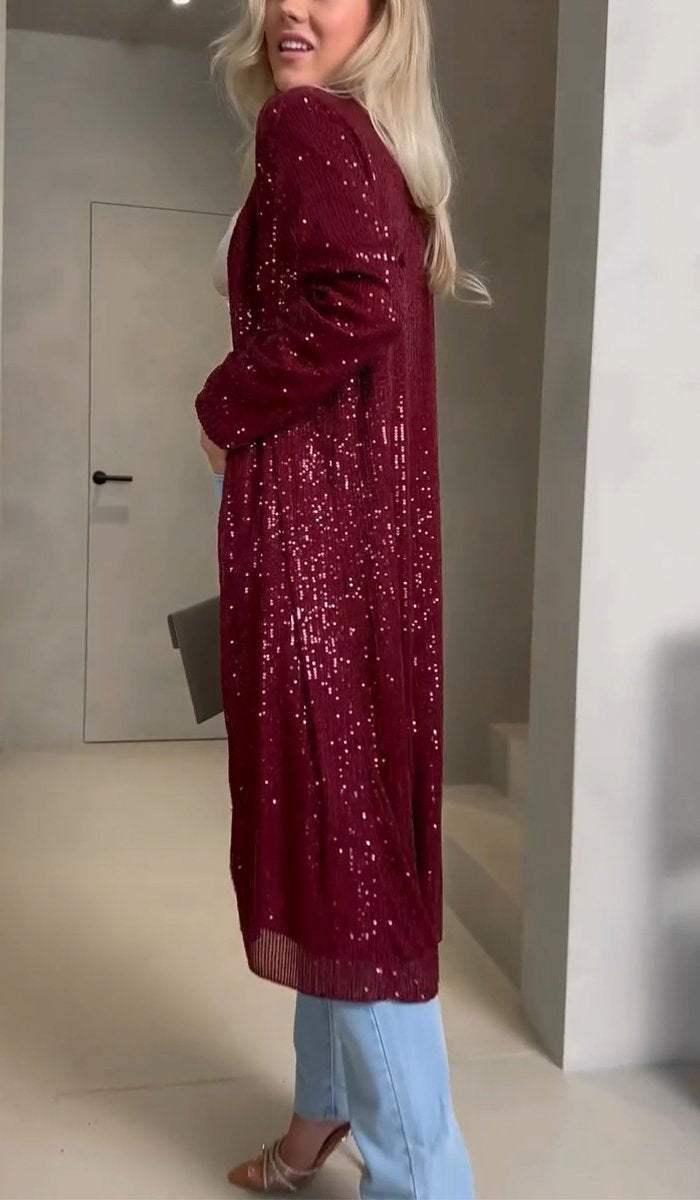 Divatos női kardigán kabát V-nyakkal és flitterekkel