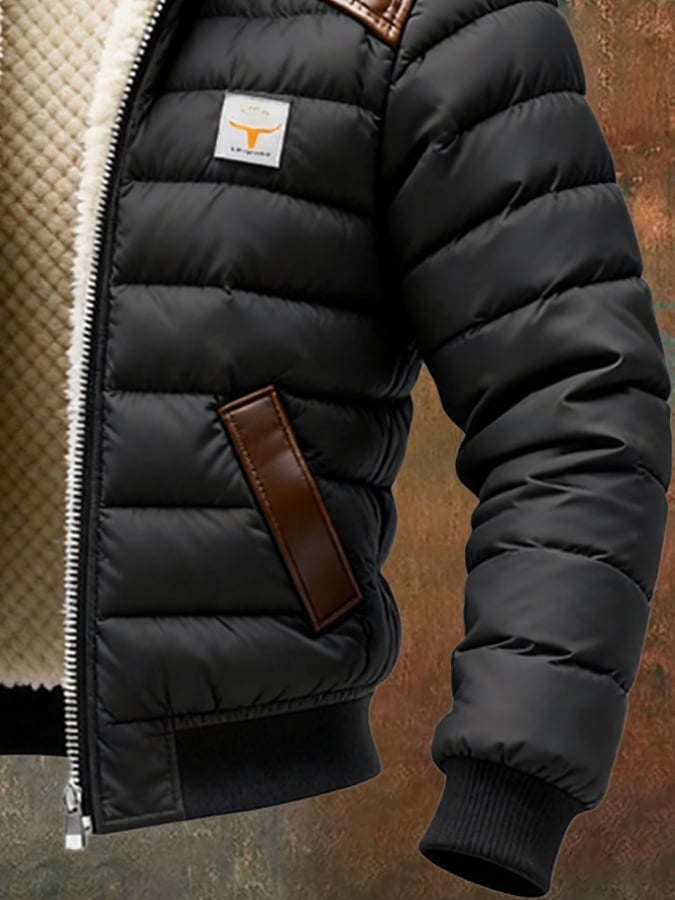 Férfi retró steppelt, patchwork plüss kültéri kabát cipzárral, meleg és kényelmes