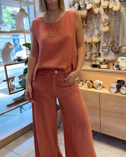 EGYSZÍNŰ PAMUT ÉS LEN UJJATLAN NADRÁGSZETT