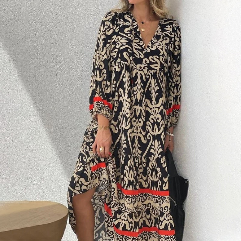 V-nyakú, hosszú ujjú virágos ruha