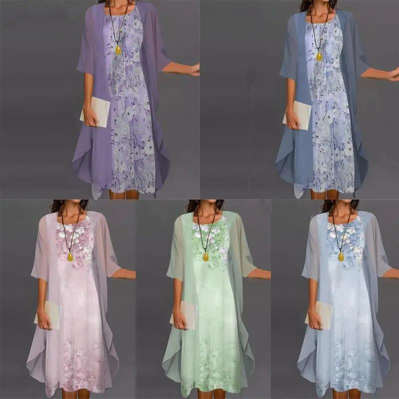 Rövid ujjú, nyomtatott sifon kétrészes ruha