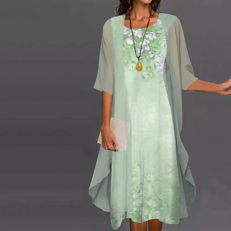 Rövid ujjú, nyomtatott sifon kétrészes ruha