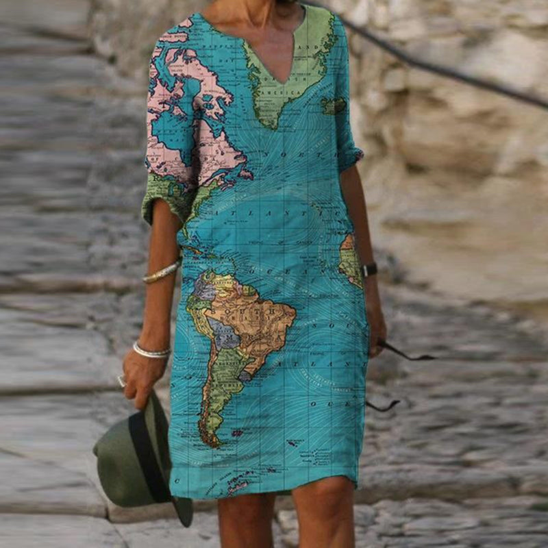 Alkalmi, V-nyakú, bő nyomott ruha