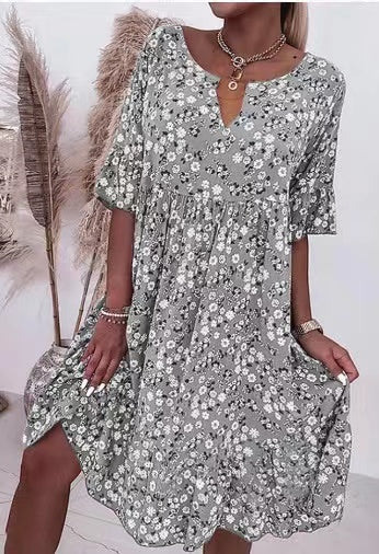 2023-as nyári divat nyomott virágos V nyakú ruha
