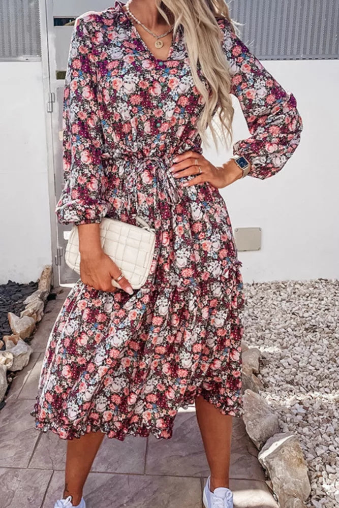 Boho virágmintás alkalmi tengerparti alkalmi hosszú ujjú ruha