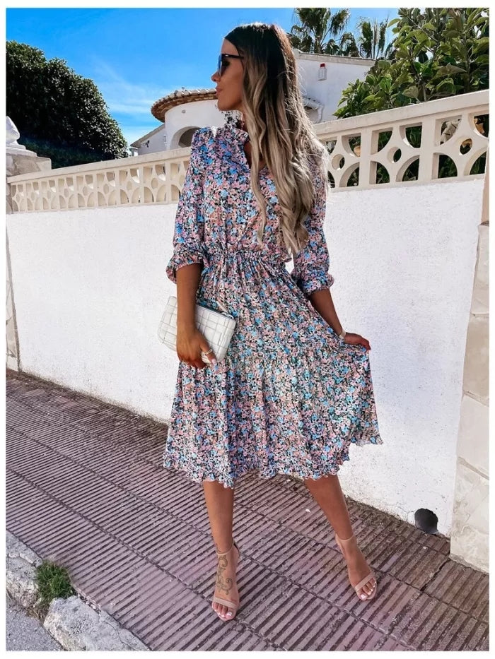 Boho virágmintás alkalmi tengerparti alkalmi hosszú ujjú ruha