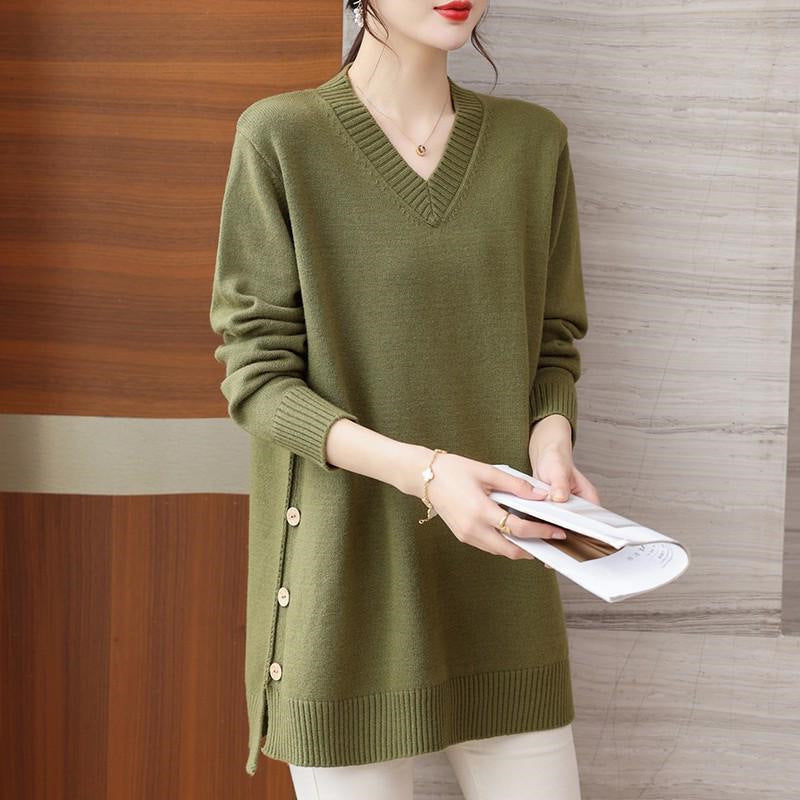 Hosszú kasmír pulóver V-nyakkal